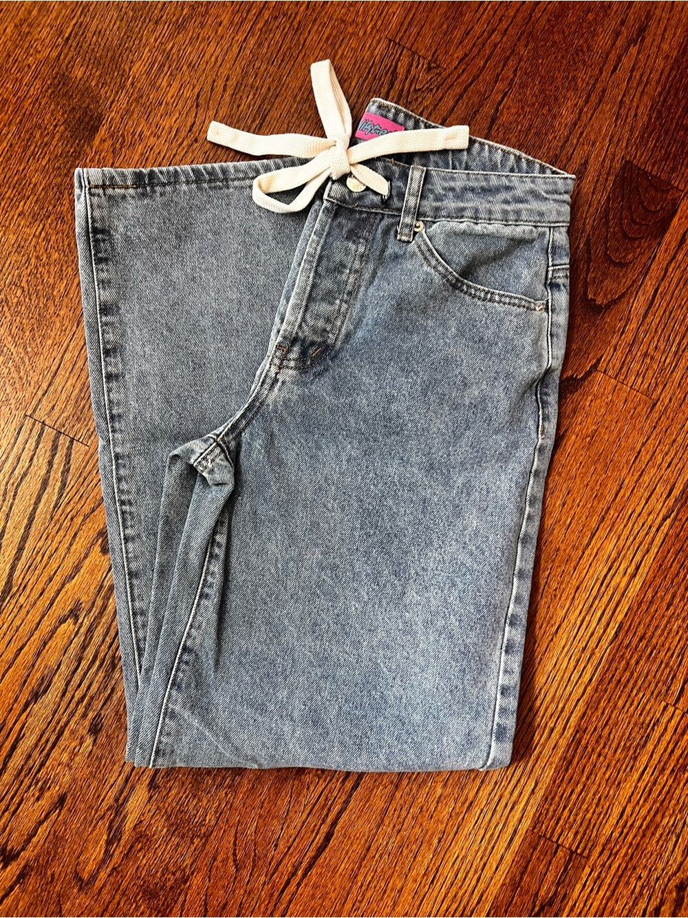Edikted Light Blue Straight Leg Jeans with Cream Drawcord